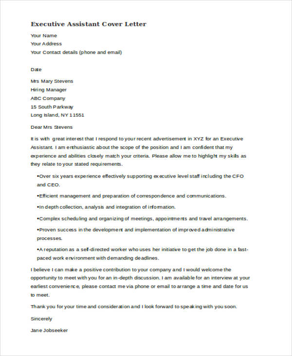 Email cover letter for executive assistant job