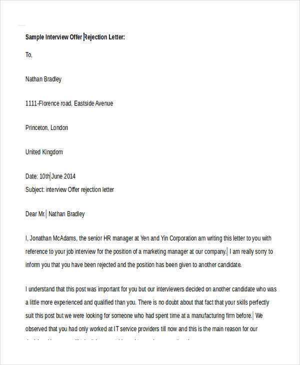 Offer Rejection Letters 10 Free Sample Example Format Download