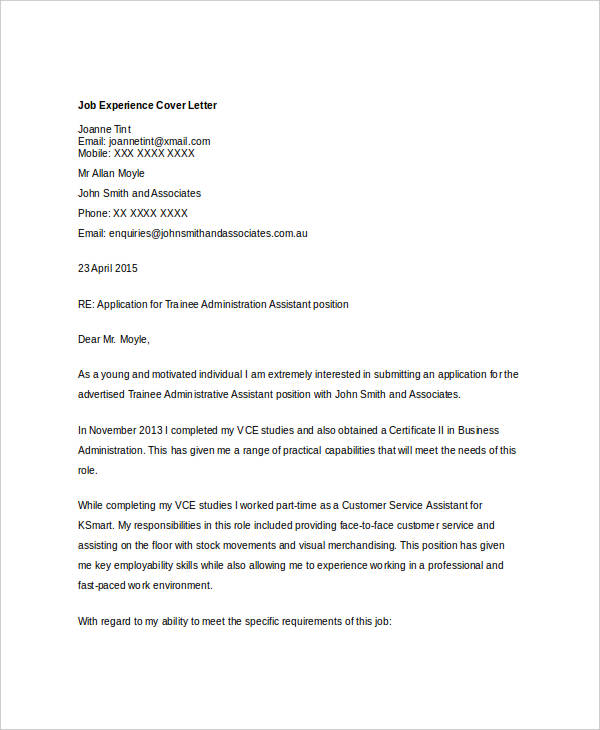 cover letter work experience template