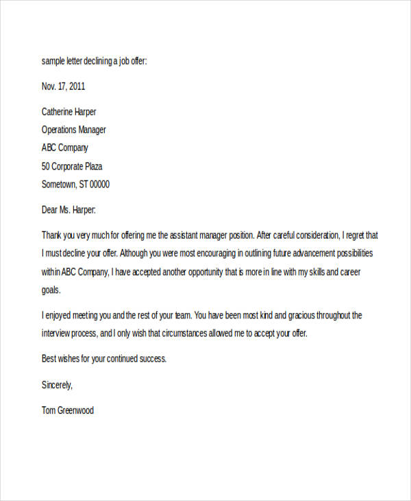 professional job refusal letter