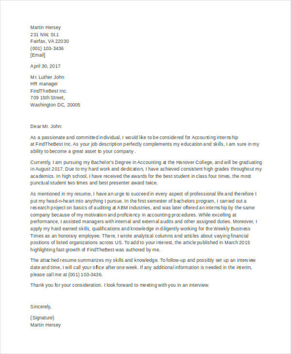 9+ Internship Cover Letter - Free Sample, Example Format Download