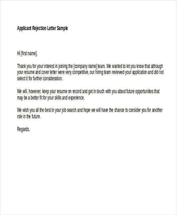 Applicant letter of rejection for job