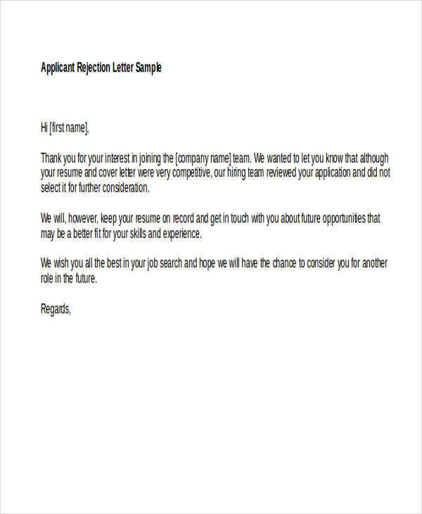 Decline Letter For Job Applicant