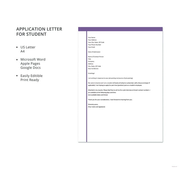 application letter for student template