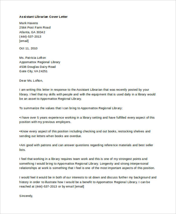 9+ Librarian Cover Letters Free Sample, Example Format