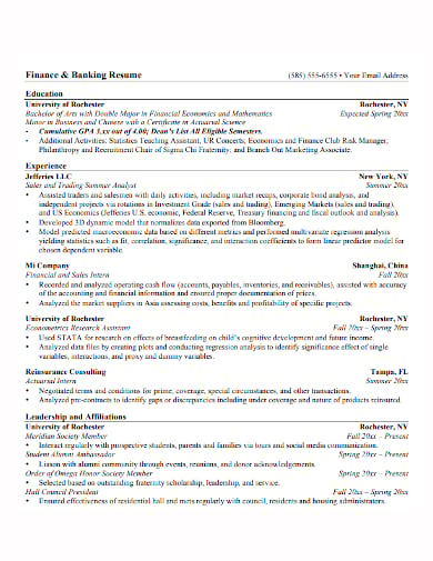 bank finance internship cv template