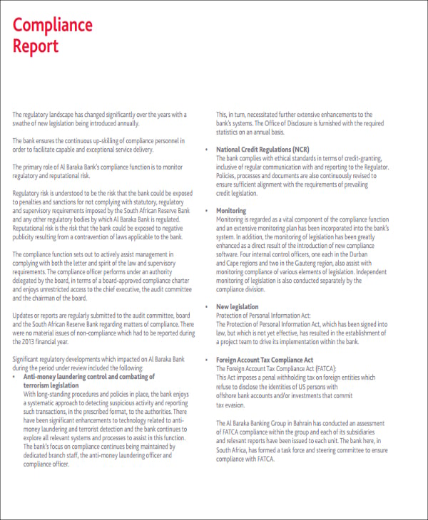 Bank Compliance Report Template