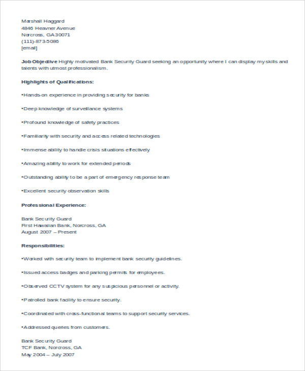 Security Guard Resumes - 16+ Word, PDF Format Download