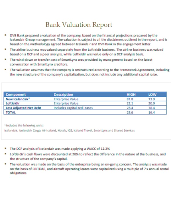 bank valuation report