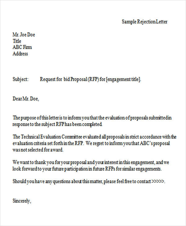bid rejection letter in doc