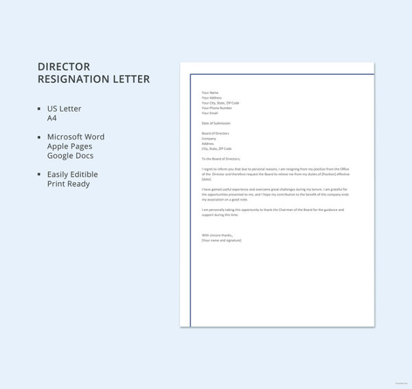 business director resignation letter template