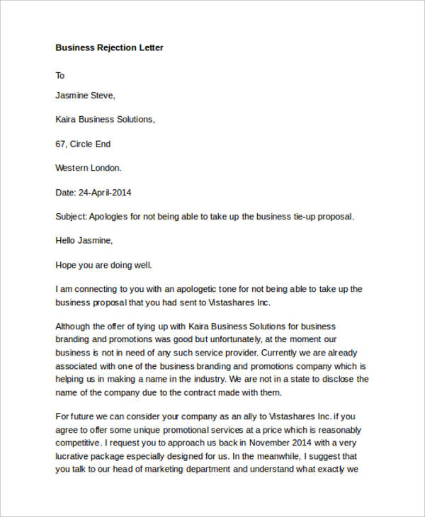 business rejection letter