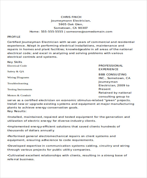 5+ Electrician Resume Templates - PDF,DOC