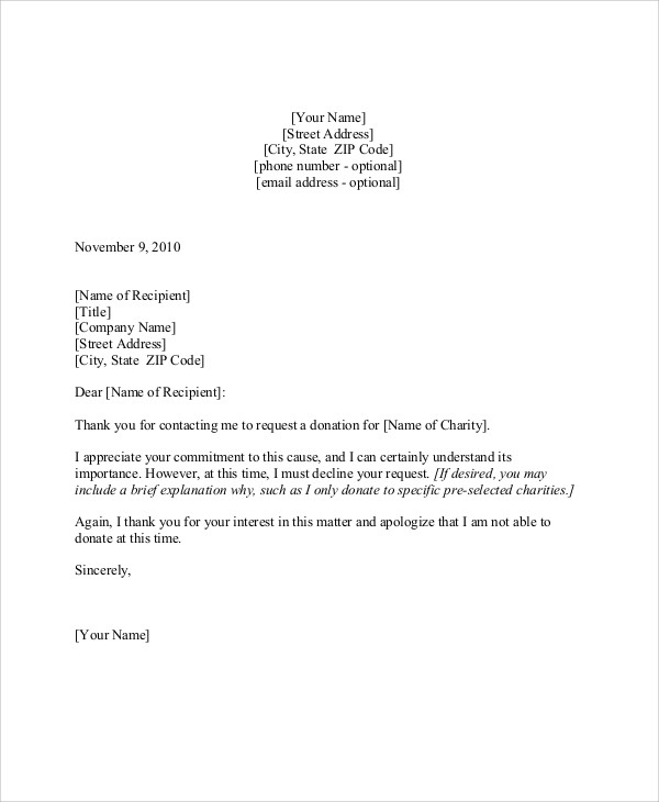 letter of rejection of request