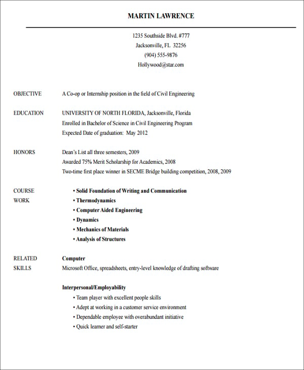 civil engineering internship resume