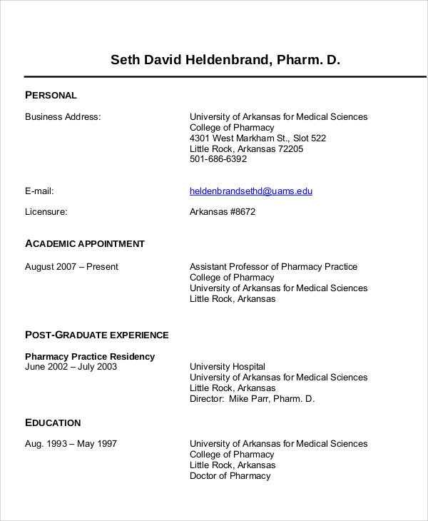 clinical pharmacist curriculum vitae