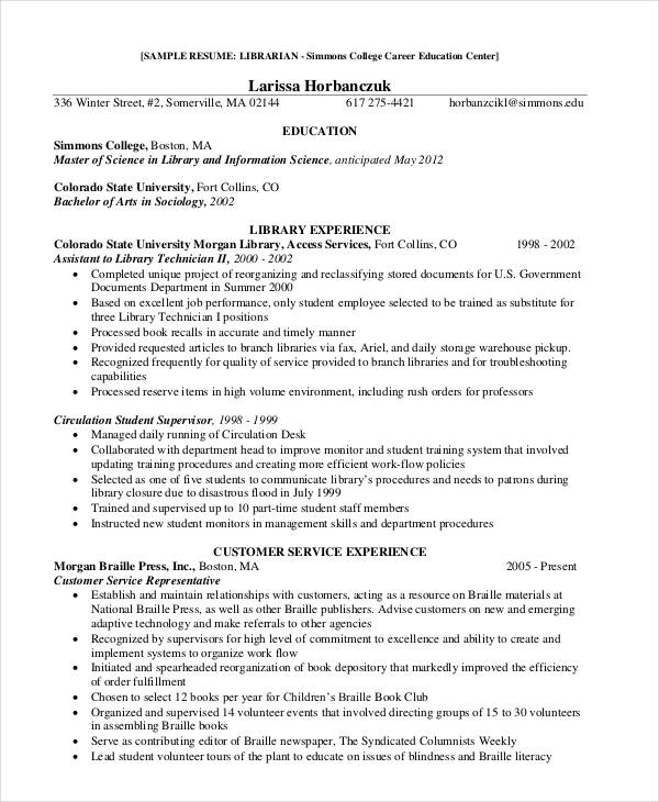 9+ Librarian Resume Templates Free Sample, Example Format Download