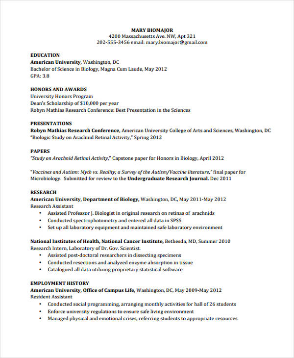 college student curriculum vitae