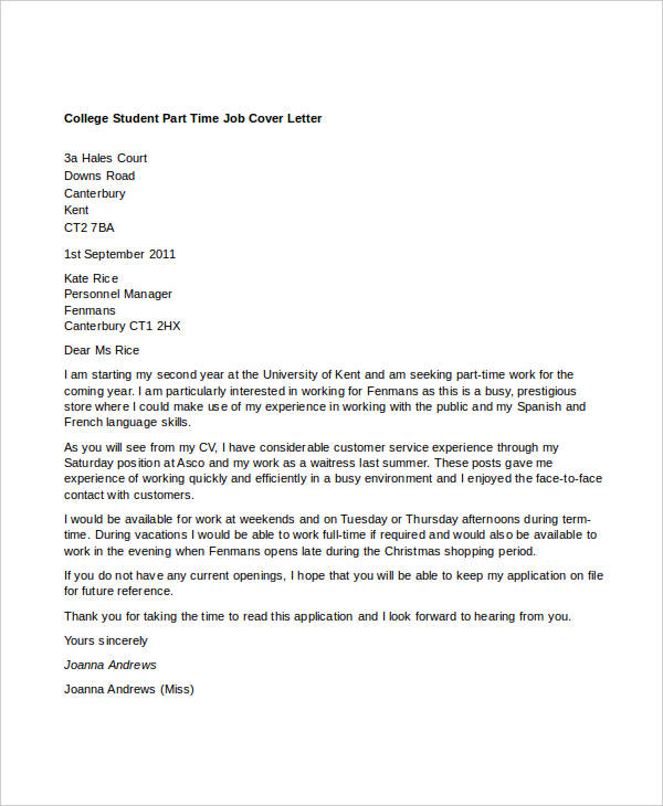 application letter for part time job for students