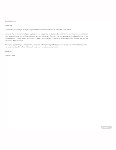 college transfer application rejection letter template