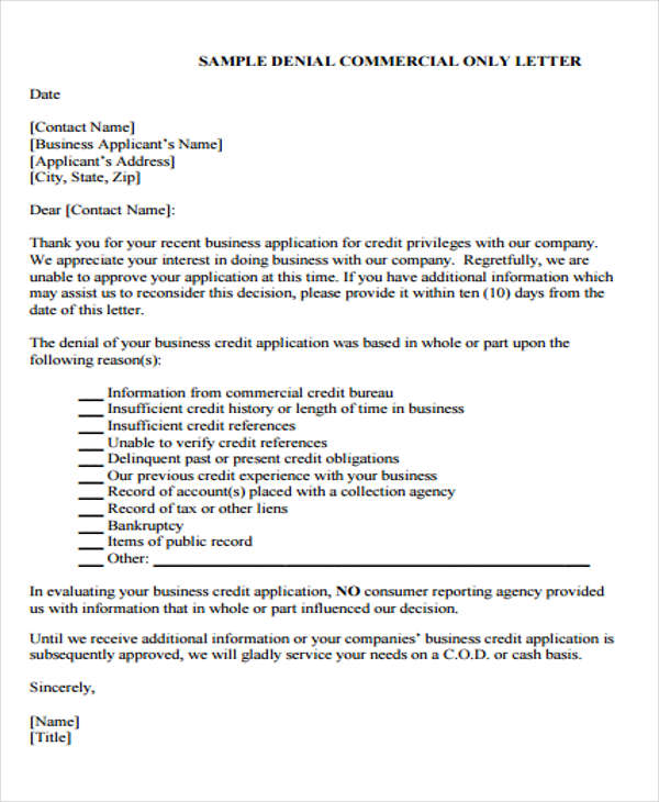 Loan Rejection Letters 10 Free Sample Example Format Download