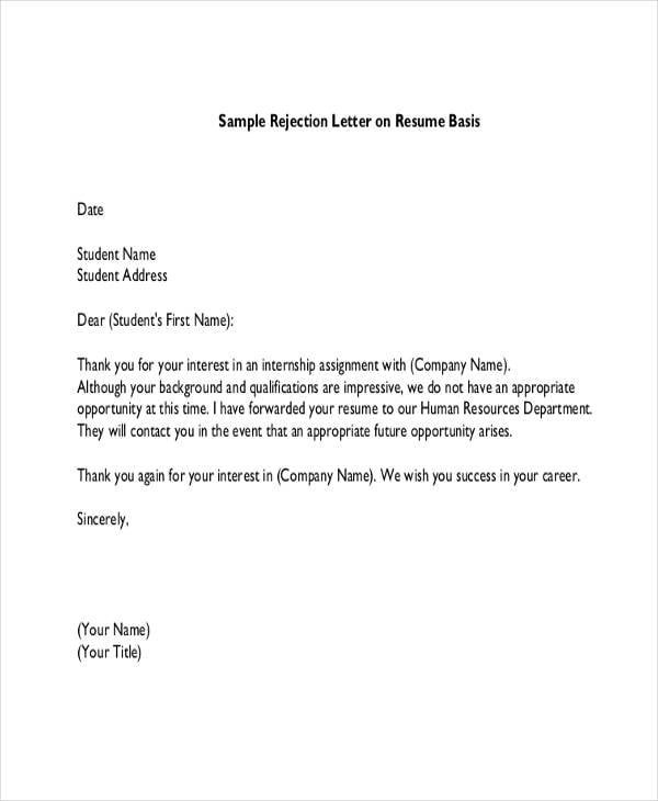 Internship Rejection Letter Templates - 10+ Free Word, PDF Format