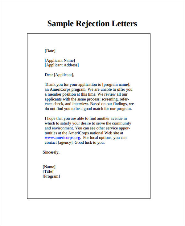 company rejection letter to applicant