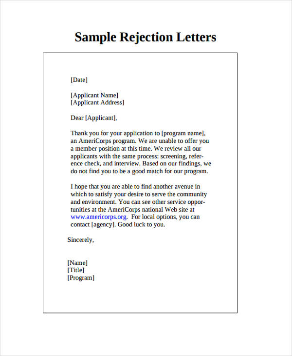 application letters rejection