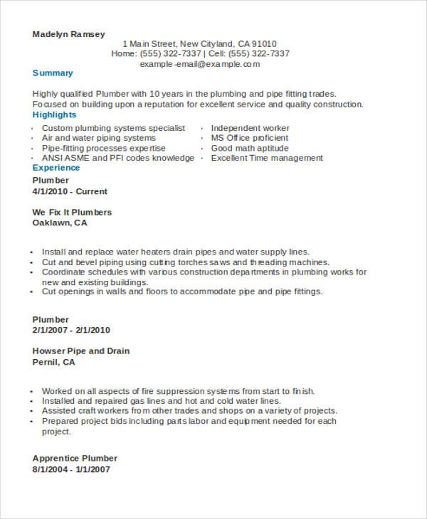 functional resume plumber