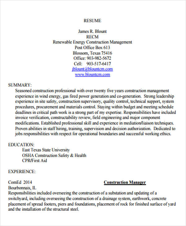 construction resume