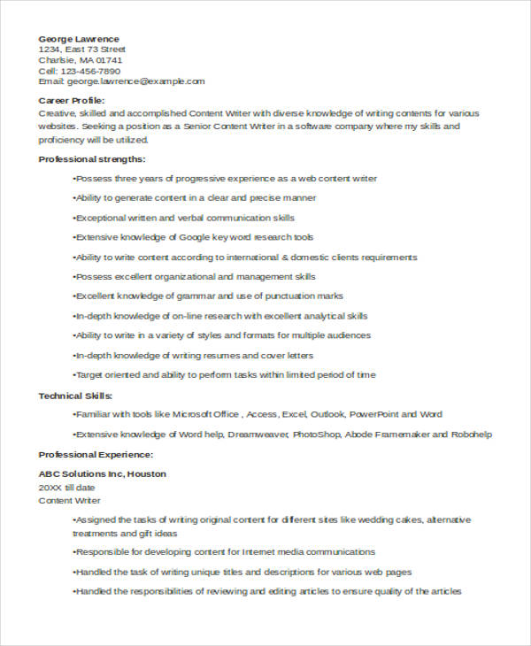 content writer resume