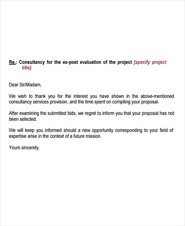 letter template unsuccessful quote 10 Bid Rejection   Templates Free Letter Templates  Premium &