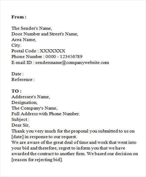 11+ Bid Rejection Letter Templates