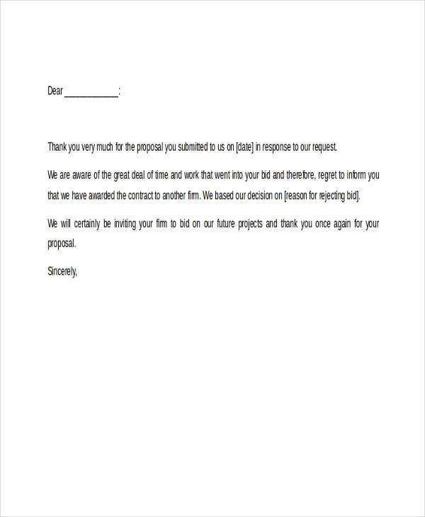 7+ Bid Rejection Letters - Free Sample, Example Format ...