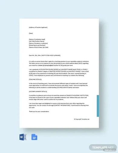 cover letter for teacher job application template