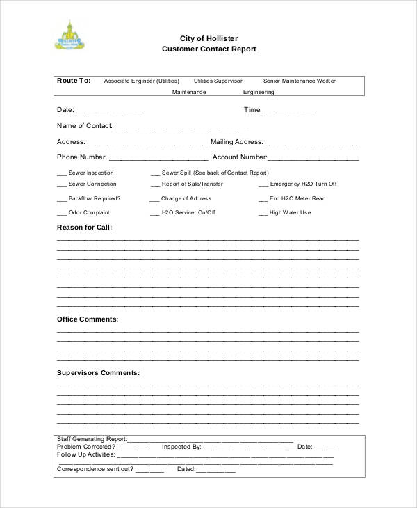 customer contact report template
