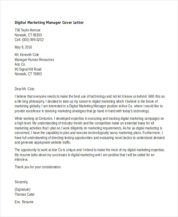 marketing manager cover letter template