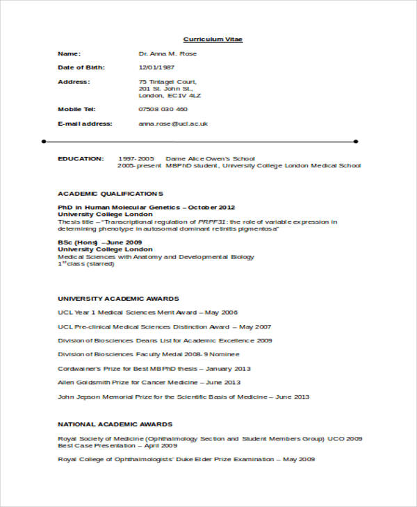 Doctor Curriculum Vitae Template 15+ Word, PDF Document Downloads