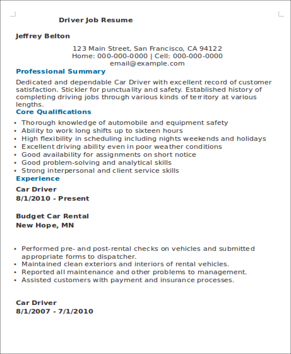 limousine driver resume