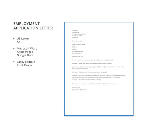 employment application letter definition