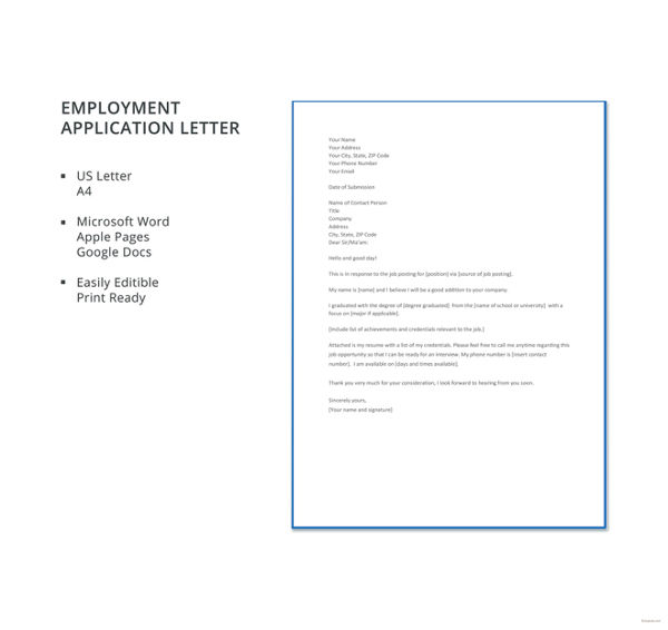 Employment Application Letters 8 Free Word PDF Format Download 