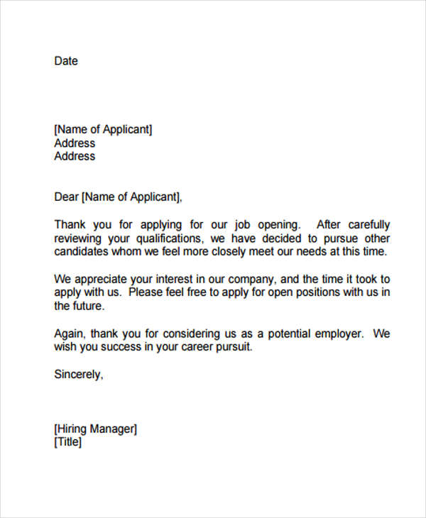 Employment Rejection Letters - 6+ Free Sample, Example Format Download