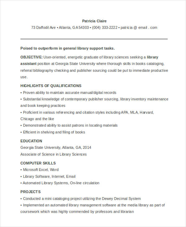 resume sample for librarian