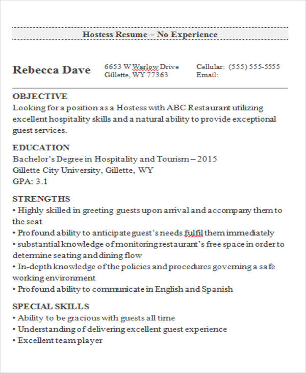 entry level hostess resume examples