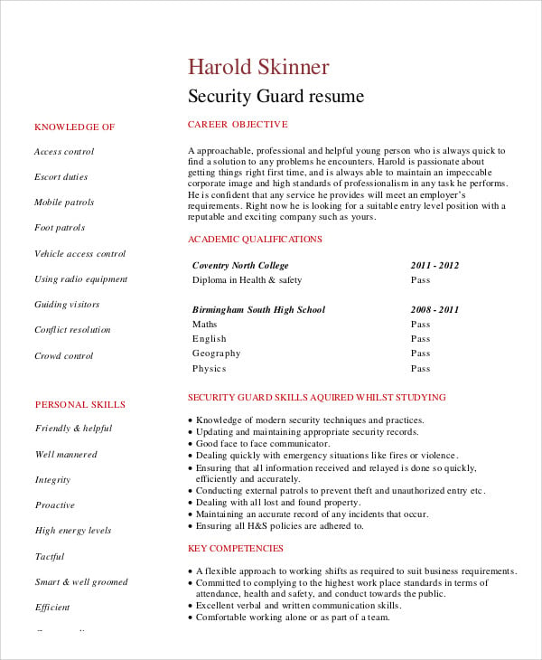 Security Guard Resumes 10 Free Word Pdf Format Download Free