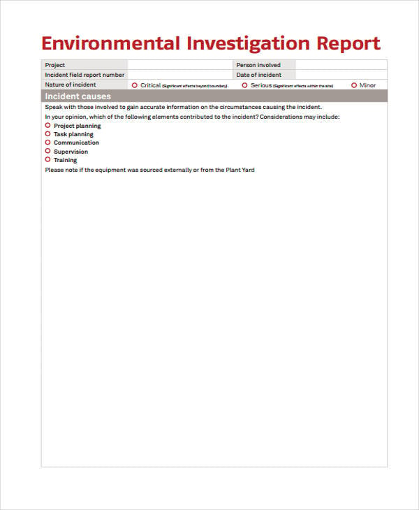 environment investigation report template