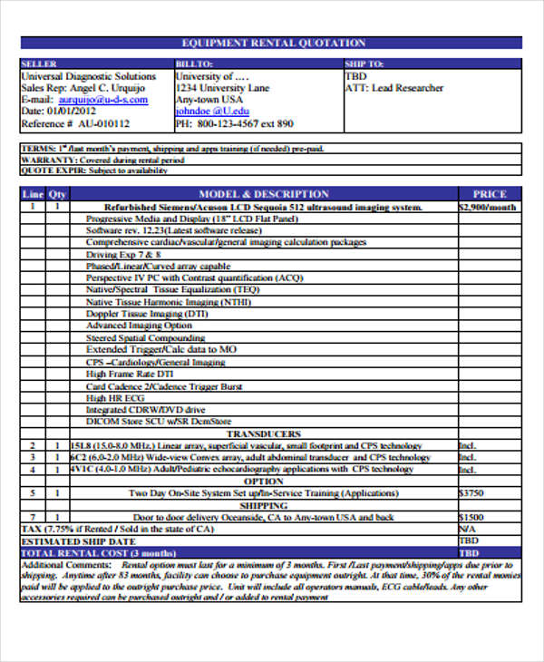 equipment rental quotation