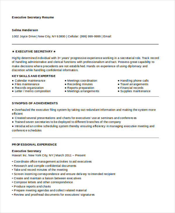 sample resume for executive secretary