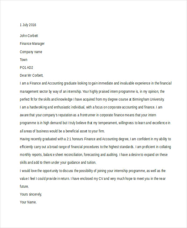 9+ Internship Cover Letter - Free Sample, Example Format Download ...