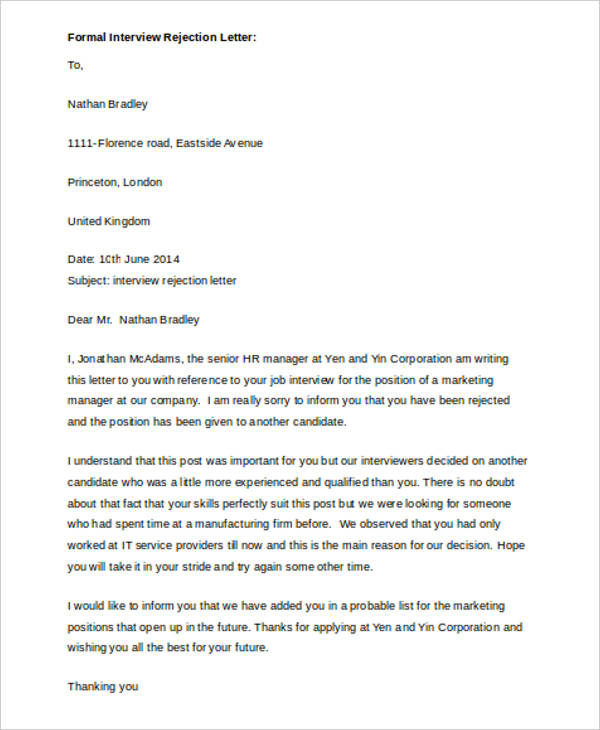 7+ Interview Rejection Letters - Free Sample, Example Format Download